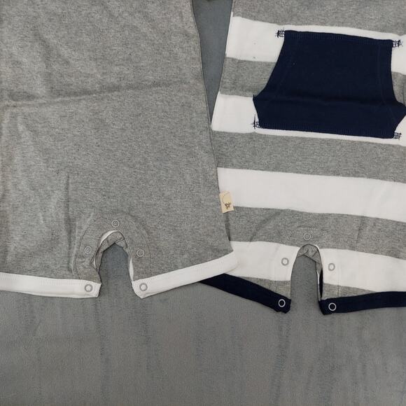 Burt's Bees Baby Boy 2 Pack Organic Cotton Romper Set Gray & Blue Stripes 3-6M - Picture 3 of 6